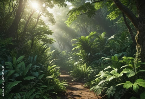 Lush green tropical undergrowth, sunlight dappled through leaves ,  natural,  tropical, light