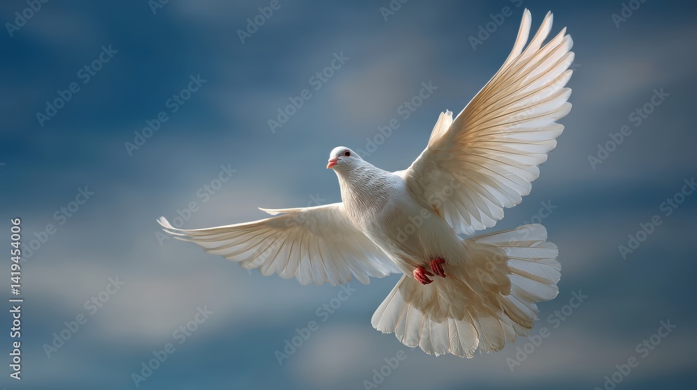 Obraz premium A white dove gracefully soaring through the sky, a symbol of peace and freedom. The dove's wings are spread wide, as it elegantly glides through the air.