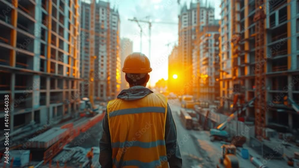 An worker stands amidst a bustling construction site, the towering unfinished buildings, under a sun, depicting a moment of contemplation amid progress and growth. An worker stands amidst a bustling construction site, the towering unfinished buildings, under a sun, depicting a moment of contemplation amid progress and growth.