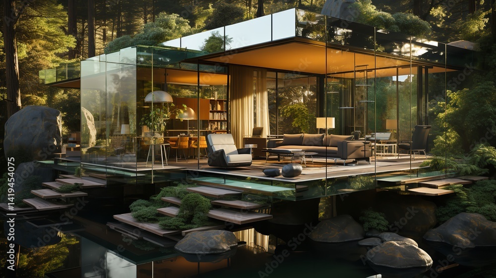 Serene glass house nestled in lush forest warm sunset light bathes modern interior design Serene glass house nestled in lush forest warm sunset light bathes modern interior design