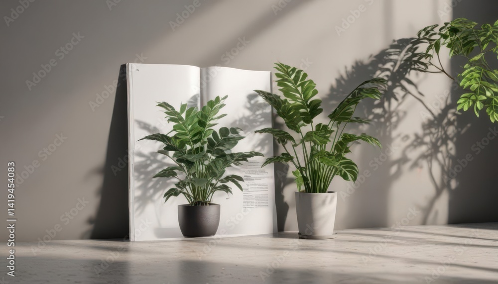 Fototapeta premium Open magazine mockup, realistic plant shadows cast on customizable backdrop , mockup, illustration, template