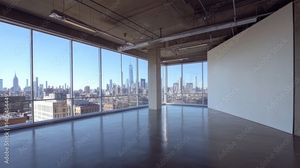 Modern startup office with open floor plan, white wall ready for branding, and a clear view of the urban landscape Modern startup office with open floor plan, white wall ready for branding, and a clear view of the urban landscape