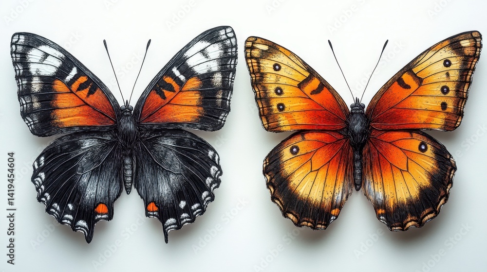 Exquisite Butterfly Pair: Captivating close-up of two meticulously illustrated butterflies, showcases a vibrant spectrum of colors and patterns, exuding a sense of delicate beauty.