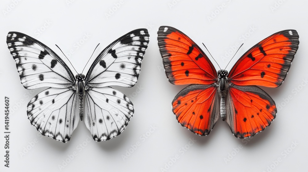 Obraz premium Butterfly Contrast: Two butterflies, one rendered in elegant grayscale and the other in vibrant, saturated color, juxtapose against each other to highlight the dichotomy of beauty.