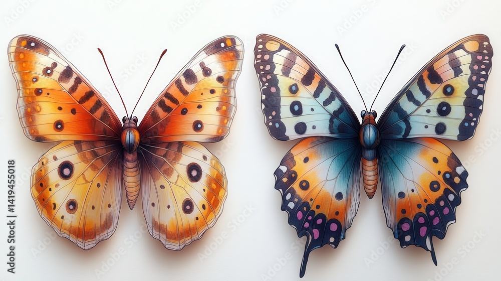 Artistic Butterflies: A captivating shot of two butterflies with wings spread wide, showcasing intricate patterns and vibrant colors, offering a glimpse into the delicate beauty of nature's art.