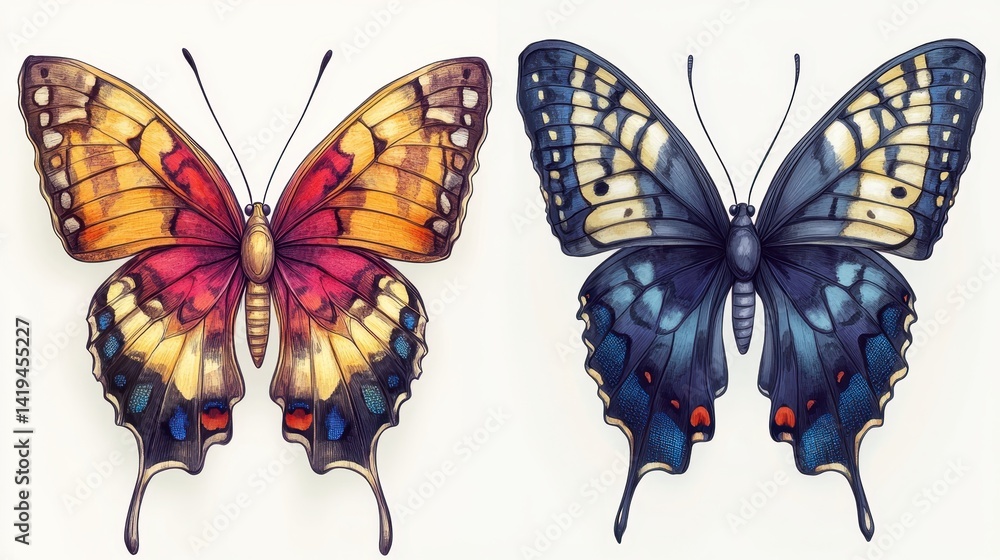 Two Colorful Butterflies: A pair of vibrant butterflies, one with warm orange and red hues, the other in cool blues and blacks, displayed against a neutral background.