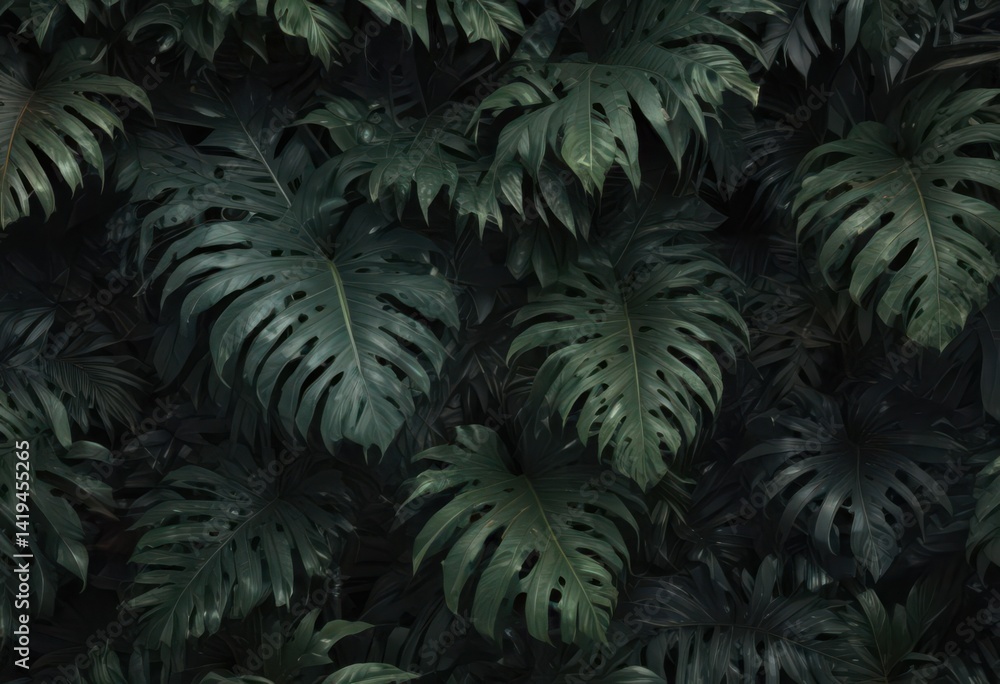Overlapping dark tropical leaves, lush texture, elegant mystery , decor, shadows, palm Overlapping dark tropical leaves, lush texture, elegant mystery , decor, shadows, palm