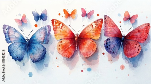 Obraz na płótnie Butterfly Watercolor Art: A captivating watercolor illustration of colorful butterflies showcases the beauty of nature. w salonie