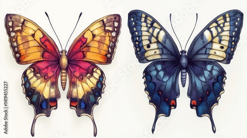 Obraz na płótnie Two Colorful Butterflies: A pair of vibrant butterflies, one with warm orange and red hues, the other in cool blues and blacks, displayed against a neutral background. w salonie