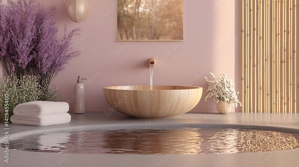 Fototapeta premium A serene spa scene with a carved wooden lavabo and bamboo fountain, water dripping gently into the hollowed bowl, steam rising softly around the space. Created Using: spa photography techniques,