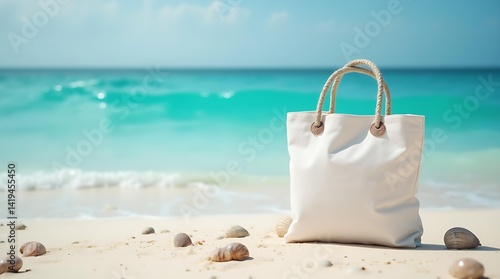 Wallpaper Mural A white canvas tote bag with a rope handle rests on the golden sand of an exotic beach, surrounded by scattered seashells, evoking a sense of summer vacation, coastal lifestyle Torontodigital.ca