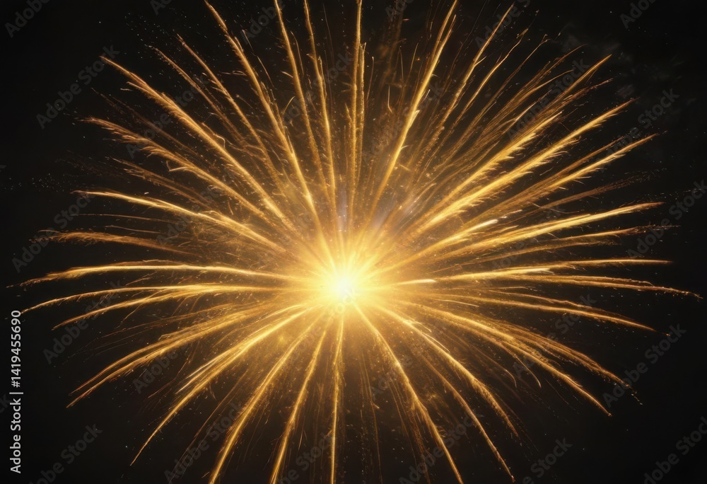 Radiant yellow fireworks burst against black canvas, holiday, night, glow Radiant yellow fireworks burst against black canvas, holiday, night, glow