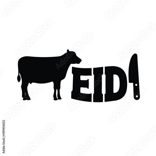 Cow Silhouette with "EID" and Knife - Festive Muslim Celebration