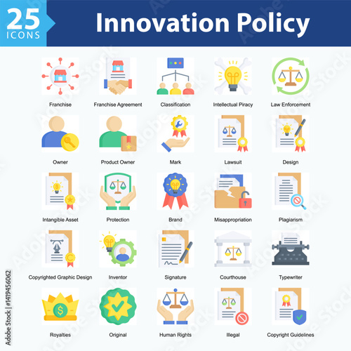 Innovation Policy is a collection of icons in sheet format representing legal elements and protection of intellectual property rights in the digital era.
