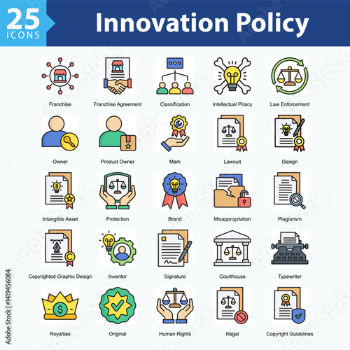 Innovation Policy is a collection of icons in sheet format representing legal elements and protection of intellectual property rights in the digital era.
