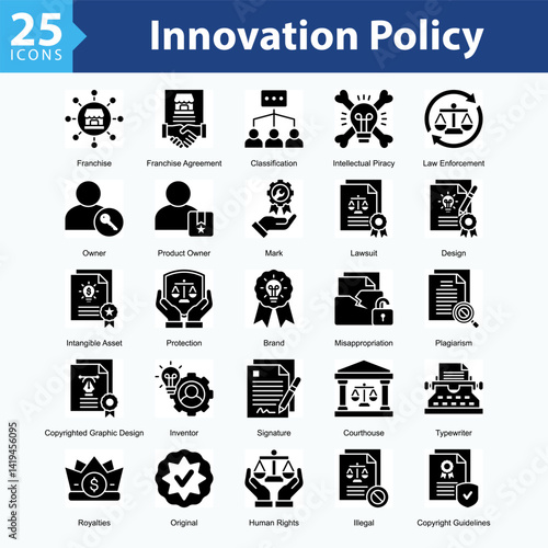 Innovation Policy is a collection of icons in sheet format representing legal elements and protection of intellectual property rights in the digital era.
