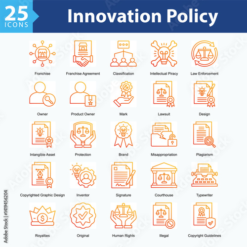 Innovation Policy is a collection of icons in sheet format representing legal elements and protection of intellectual property rights in the digital era.
