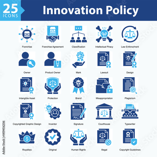 Innovation Policy is a collection of icons in sheet format representing legal elements and protection of intellectual property rights in the digital era.
