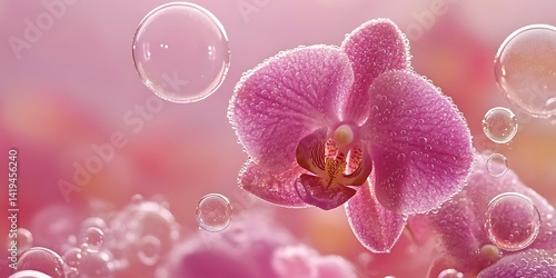 Pink Orchid in Bubbles, Soft Background, Floral Still Life