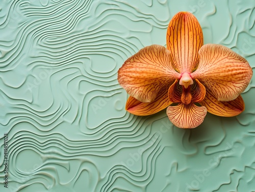 Orange Orchid on Textured Teal Background. Possible use Stock photo