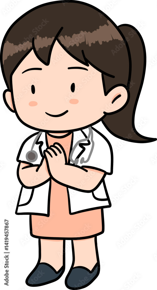Cute cartoon character with A femal doctor acting sawasdee or Whai In Thailand illustration Cute cartoon character with A femal doctor acting sawasdee or Whai In Thailand illustration