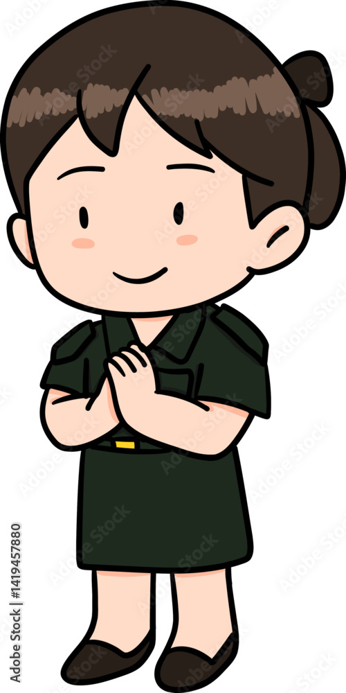 Cute cartoon character with A female military officer acting sawasdee or Whai In Thailand illustration Cute cartoon character with A female military officer acting sawasdee or Whai In Thailand illustration
