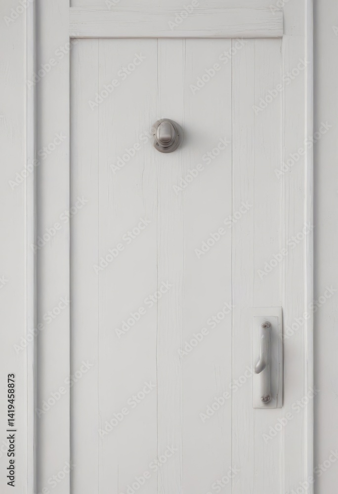 Fototapeta premium Close-up of closed white wooden door, minimalist handle , interior design, house