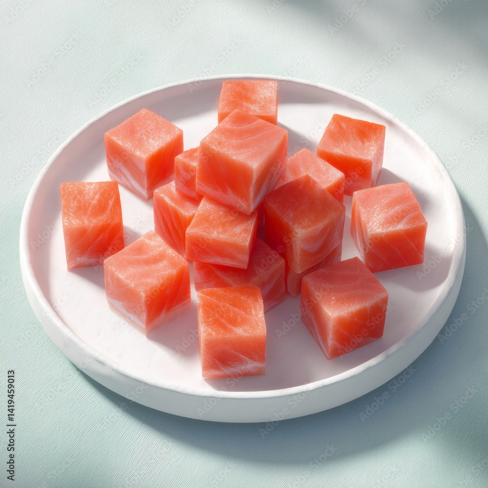Realistic Digital Display of Premium Seafood Cubes on Plate Realistic Digital Display of Premium Seafood Cubes on Plate