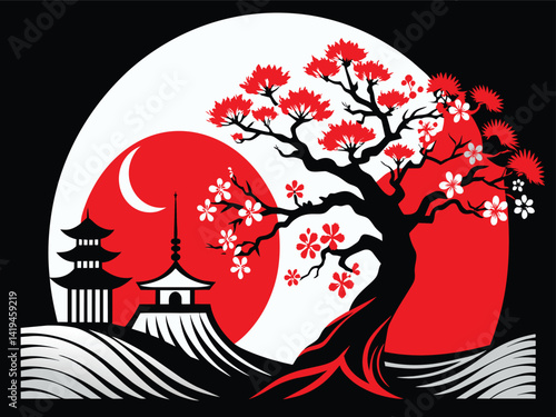 Abstract tree silhouette with hearts and birds, symbolizing love and nature, featuring tribal elements and a touch of Halloween theme