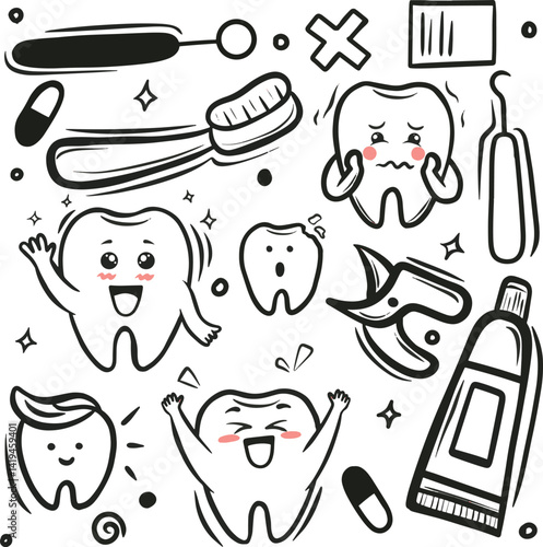 set of dental icons with dental tools, Dental care doodle set. Illustration dental in cartoon style. Vetor Dentist seamless pattern.