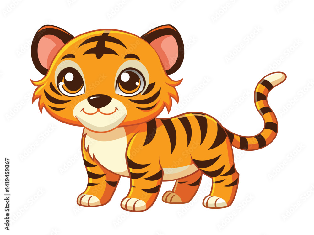 Obraz premium A cute orange tiger cub, a wild cartoon cat vector illustration isolated on white