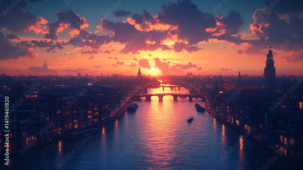 Fototapeta premium Aerial view in flat style of Amsterdam’s historic canals, silhouette of bridges and rooftops, map-like pattern emphasized, golden dusk light fading over horizon, high contrast style, hd quality,