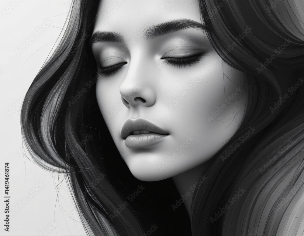 Naklejka premium Portrait of woman with long wavy hair in black and white