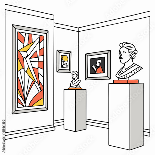 Line Art Depiction Of An Art Gallery Showcasing Paintings And Sculpture Artwork