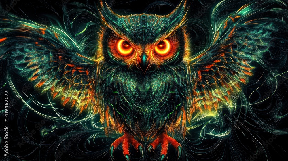 Fiery Owl Wings Spread, Night Background, Fantasy Art Fiery Owl Wings Spread, Night Background, Fantasy Art