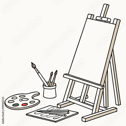 Artistic Creation Setup Featuring Easel Palette And Brushes In Simple Style