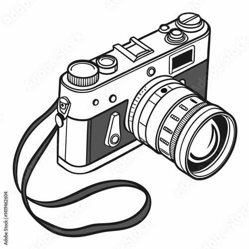 Black And White Illustration Of Vintage Camera With Shoulder Strap In Vector Format