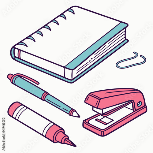 Desk Vector Illustration With Sketchbook Pen Marker And Stapler Office Supplies