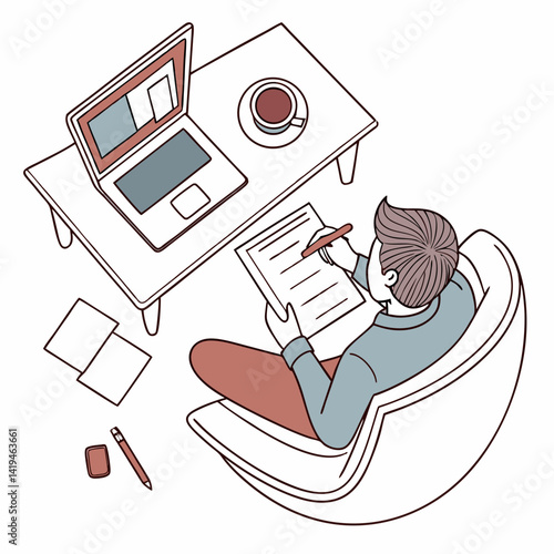 Man Working At Home With Laptop And Coffee Writing On Paper Casually