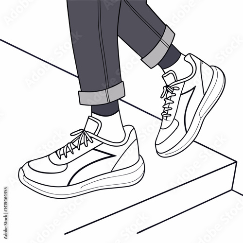Monochrome Vector Illustration Of A Person Walking Down Stairs In Sneakers