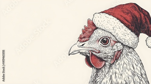 Line Drawing of an Old Hen Wearing a Santa Hat in Black and White