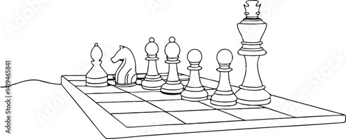 Chessboard with Chess Pieces, Black Outline Illustration, Pawns, Bishop, Knight, King