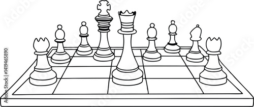 Chessboard with Pieces Illustration, Black and White Outline, Game Strategy, Chess Set