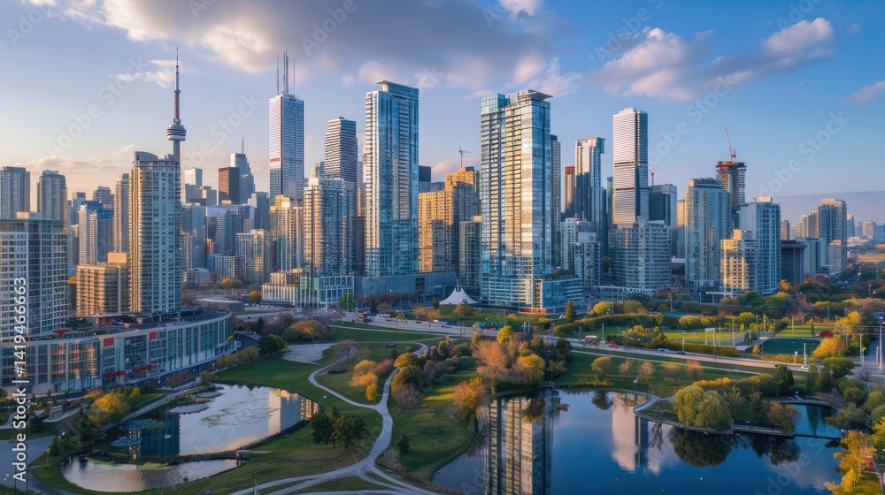 Obraz premium Modern city skyline with parkland