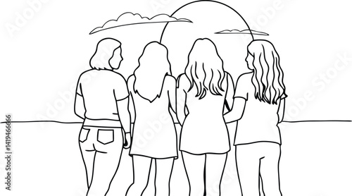 Four diverse girls watching sunset outline art. Friendship line art illustration