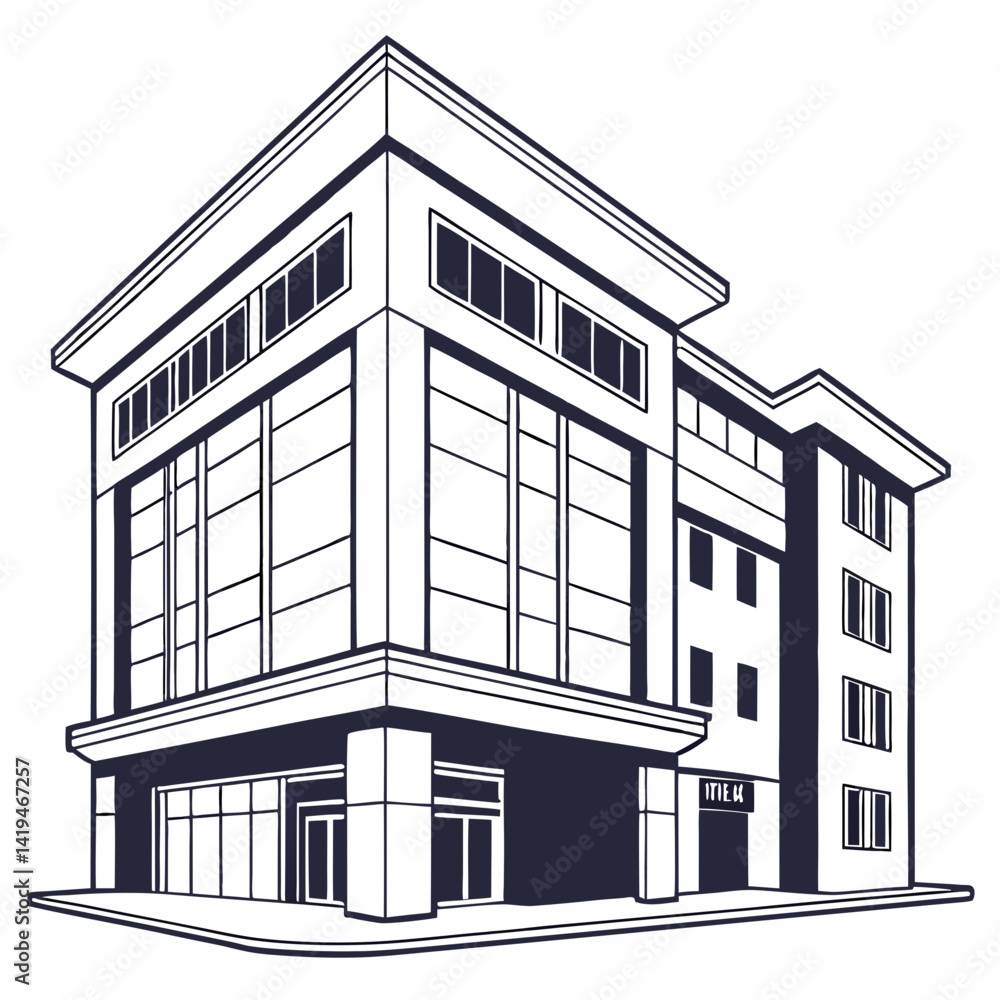 Simple Illustration Of A Large Modern Building In Black And White Simple Illustration Of A Large Modern Building In Black And White