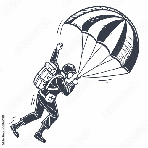 Hand Drawn Monochrome Illustration Of A Soldier Parachuting From The Sky