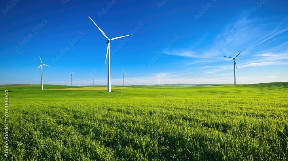 Wind farm turbines in green field with blue sky Wind farm turbines in green field with blue sky
