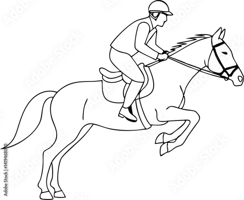 Line Art of Equestrian Jumping Horse and Rider Outline on White Background