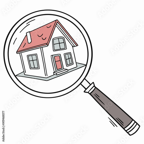 Cartoon House With Magnifying Glass For Real Estate Or Home Inspection